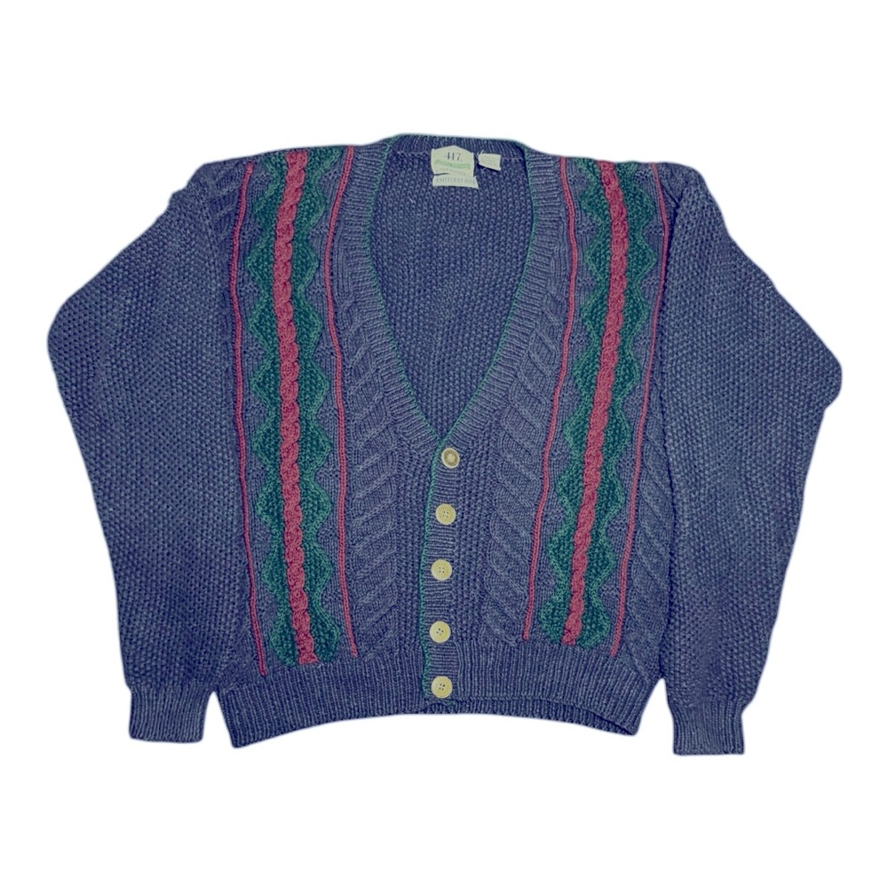 417 Van Heusen Button Down V-Neck Navy Blue Hand Knit Vintage Fall Cardigan
